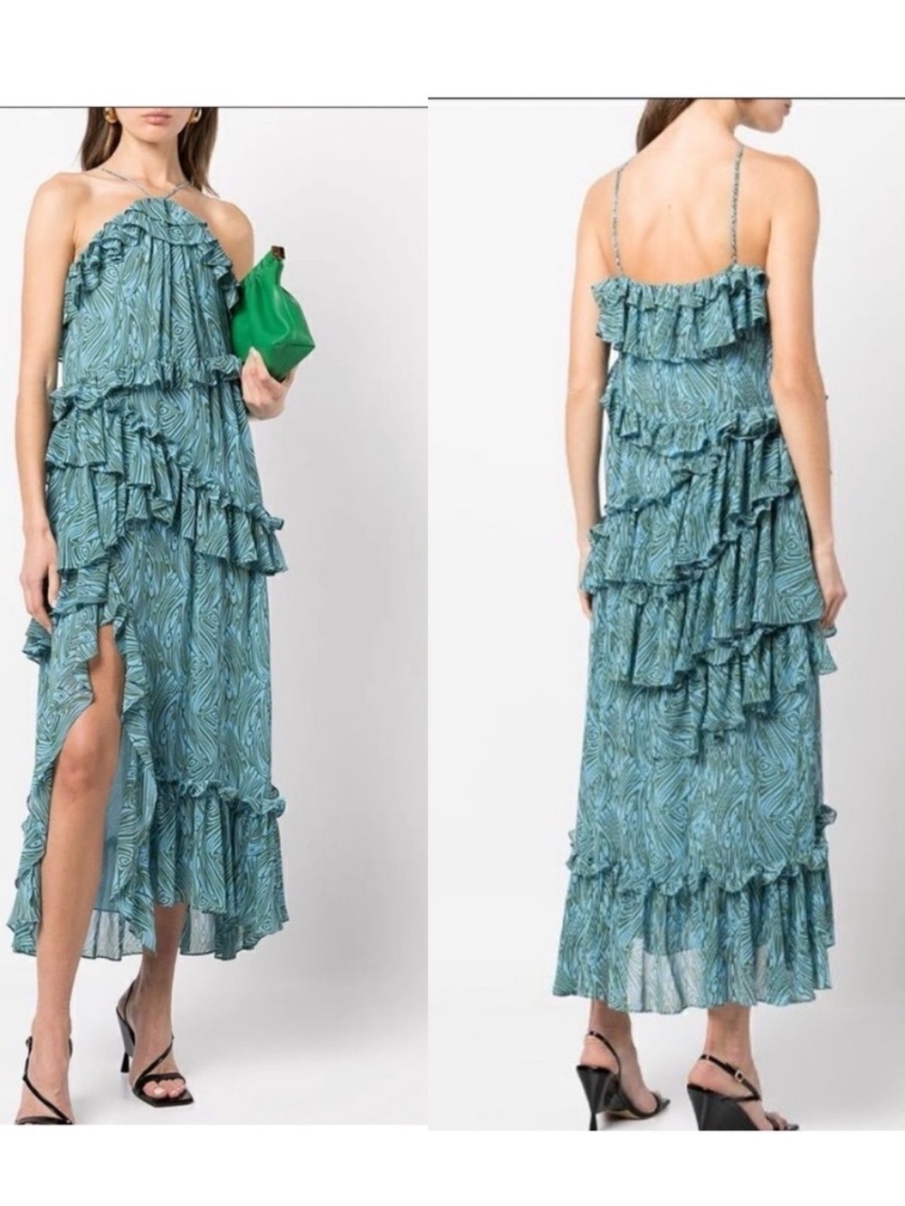 Cinq a Sept Rayner Blue Green Ruffle Tiered Maxi Dress - Sleeveless Halter Style